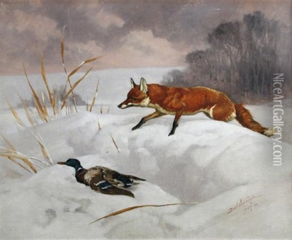 Fox And Duck In A Winter Landscape Oil Painting - Basil Nightingale
