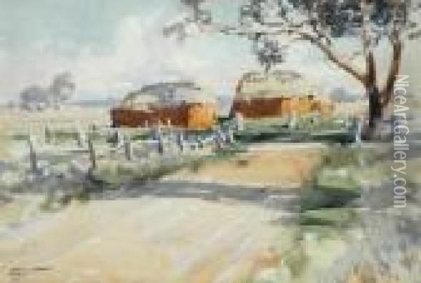 Haystacks Oil Painting - Harold Brocklebank Herbert