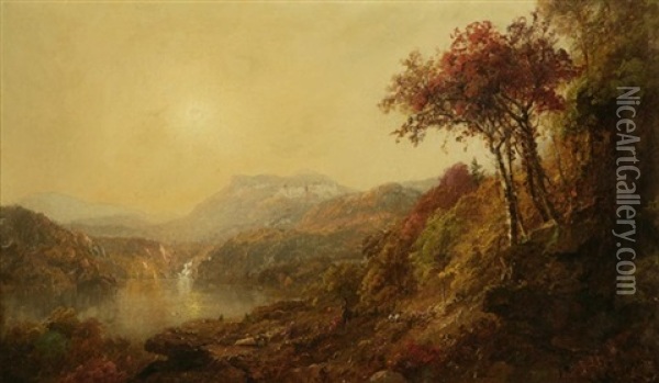 Autumn New England Landscape With Hunter And Dog Oil Painting - Jasper Francis Cropsey