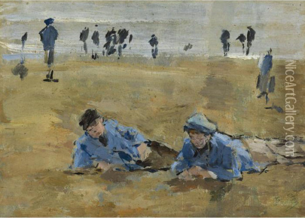 Deux Garcons Allonges Sur La Plage Oil Painting - Eugene Boudin