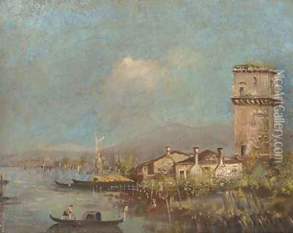 A Gondola on the Venetian lagoon by a settlement Oil Painting - Italian School