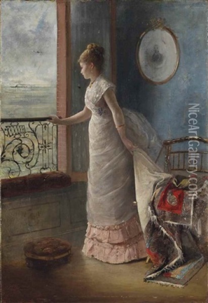Elegante A La Fenetre Oil Painting - Louis Pierre Verwee