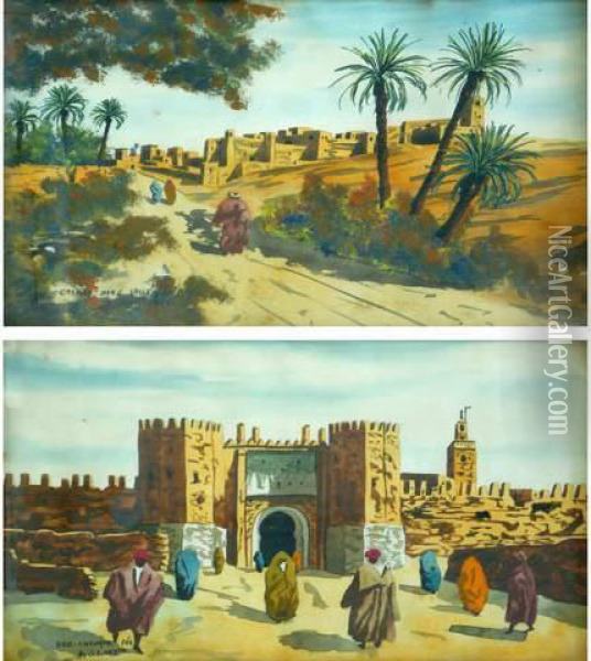 Paire D'aquarelles Orientalistes Animees Representant La Casbah Et Fez Oil Painting - A. Gauderon