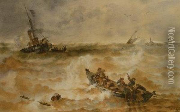 Launching The Lifeboat Oil Painting - E. Holyoak