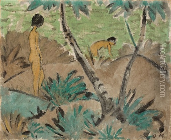 Zwei Madchen Mit Gegabeltem Baum Oil Painting - Otto Mueller