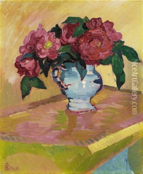 Rote Pfingstrosen In Hellblauem Krug Auf Einem Bugatti Tisch Oil Painting - Giovanni Giacometti
