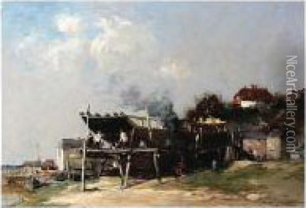 Shipbuilding, Signed, Oil On Canvas, 45 X 64 Cm.; 17 3/4 X 25 In Oil Painting - Edward Aubrey Hunt