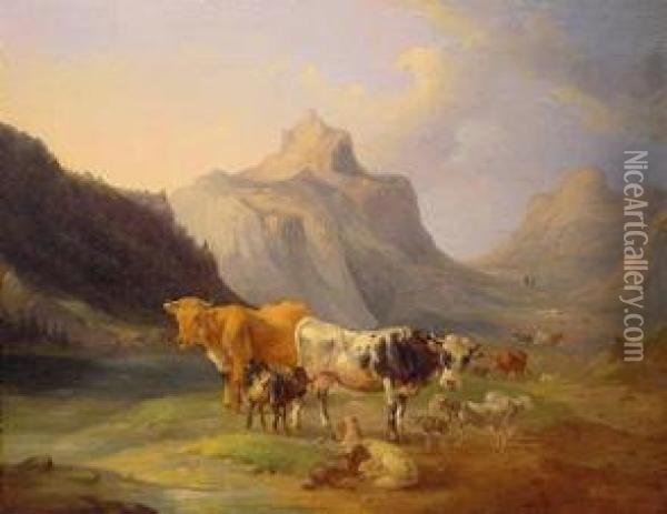 Cows At Rest In An Alpine Landscape Oil Painting - Joseph Heike