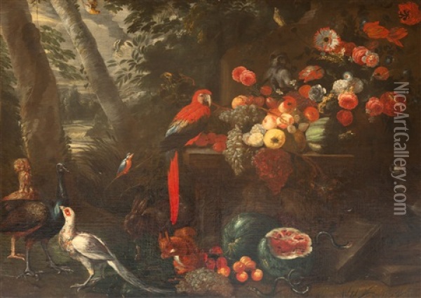 Groses Blumen- Und Fruchtestillleben Mit Papagei Oil Painting - Pieter Boel