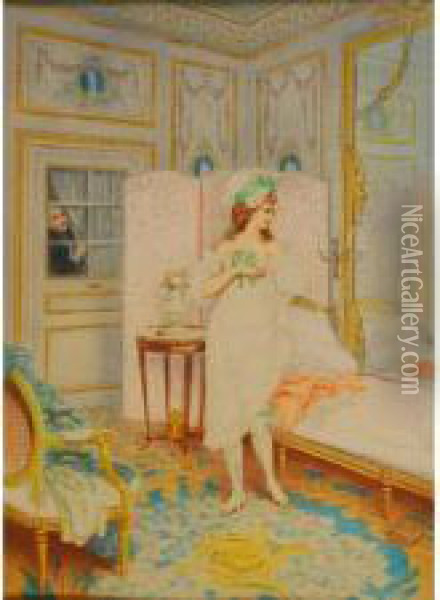 Lady In Boudoir With Man Peeping In Oil Painting - Julius Rossi