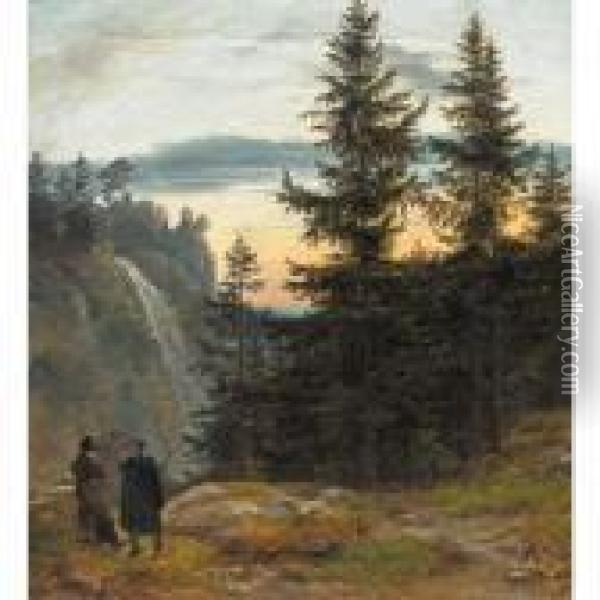 Utsikt Med Foss (view Over A Mountain Gorge With Waterfall) Oil Painting - Johan Christian Clausen Dahl