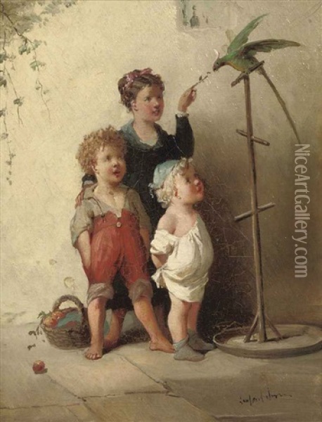 Playing With The Parrot In The Courtyard Oil Painting - Francois-Louis Lanfant