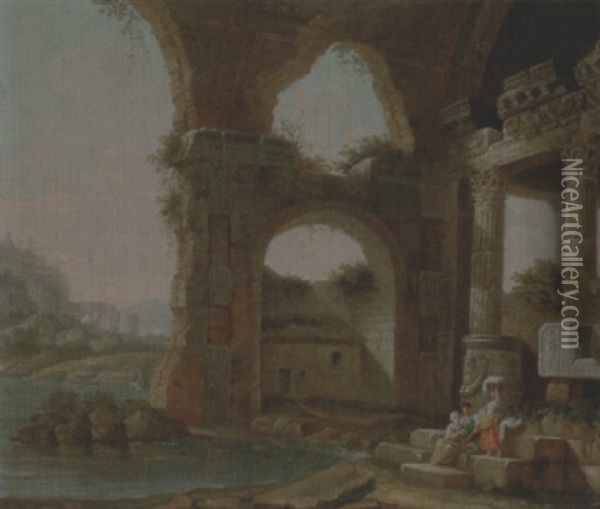An Architectural Capriccio With Washerwomen By A River Oil Painting - Charles-Louis Clerisseau