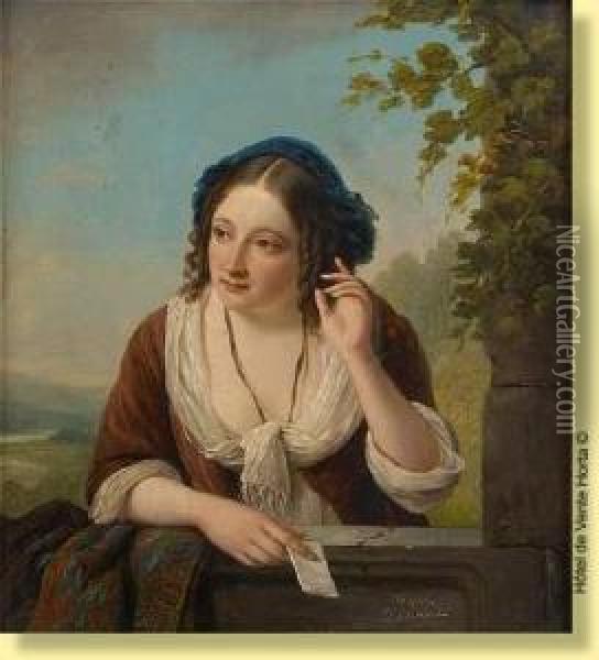 Jeune Femme Au Billet Doux Oil Painting - Henri Le Jeune Testelin