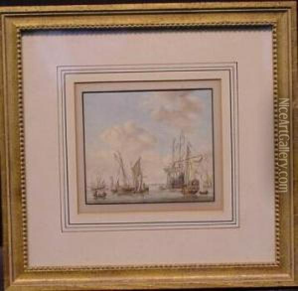 Shipping In Harbor, After Willem Van De Velde Oil Painting - Michel Plonski