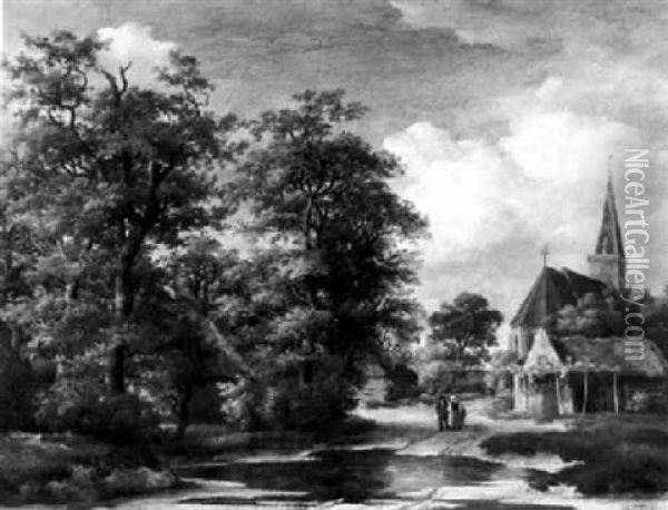 Wooded Landcape With A Church Near A Pond Oil Painting - Meindert Hobbema