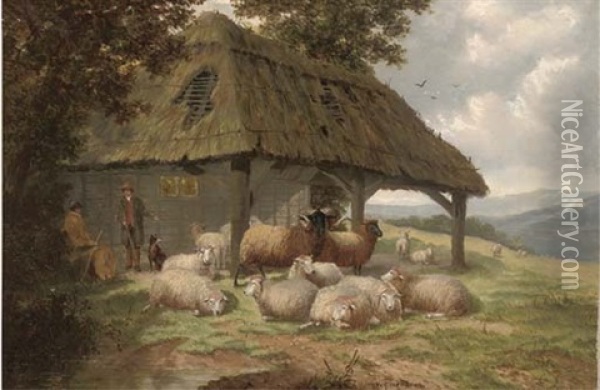 Shepherds And Their Flock, Resting Beneath A Shelter Oil Painting - William Meadows