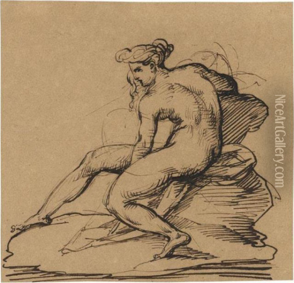 A Nude Woman, Seen In Profile To The Left, Seated On Rocks Oil Painting - Theodore Gericault