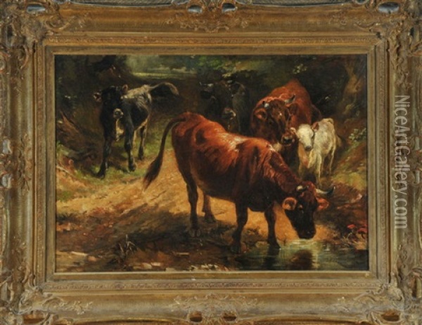 Kuhe Mit Kalbern An Wasserstelle Im Wald Oil Painting - Anton Braith