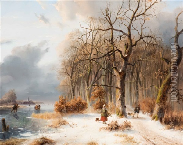 Ice Skaters And Wood Gatherers In A Winter River Landscape With A City In The Background Oil Painting - Nicolaas Johannes Roosenboom