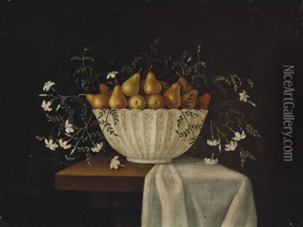Pears In A Bowl With Jasmin Flowers On A Partly Draped Ledge Oil Painting - Blas de Ledesma Prado