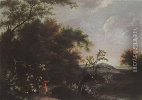 A Wooded Landscape With Travellers Resting And Conversing On A Path, Hills Beyond Oil Painting - Jan Snellinck III