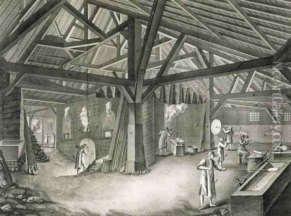 Glassmaking factory, from the Encyclopedia by Denis Diderot (1713-84), engraved by Robert Benard b.1734, published c.1770 Oil Painting - Radel