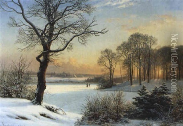 Vinterlandskap Med Promenerande Figurer, Solnedg+ngsst,mning Oil Painting - Anders Andersen-Lundby