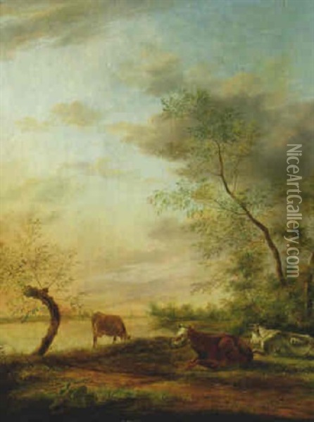 Cattle Grazing On A River Bank Oil Painting - Johannes I Janson