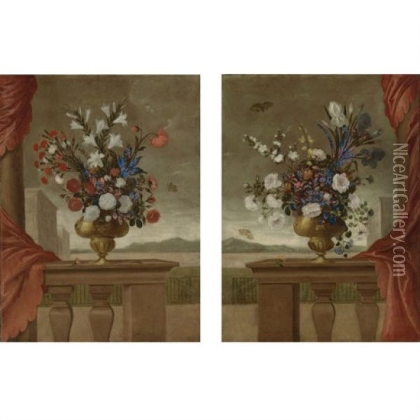 Still Lifes Of Lilies, Roses, Irises, Morning Glory And Carnations, Arranged In Gilt Vases, Upon A Stone Balustrade Draped With A Red Curtain, Surrounded By Butterflies, With A View Overlooking The Grounds Of A Palace (pair) Oil Painting - Pedro de Camprobin
