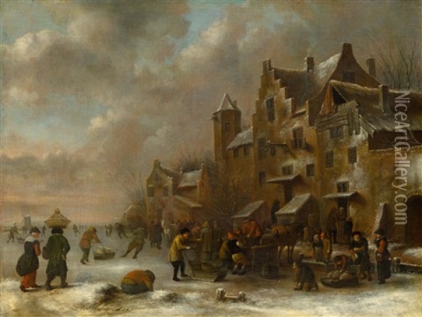 A Winter Scene With Figures Before A Town Oil Painting - Nicolaes Molenaer