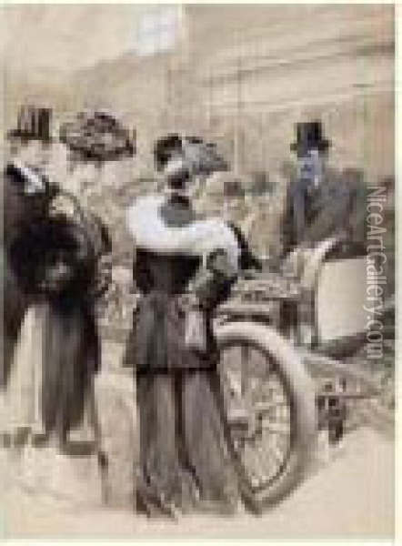 Au Salon De L'automobile. L'examen D'un Moteur, Circa 1904 Oil Painting - Georges Bertin, Dit Scott De Plagnolles