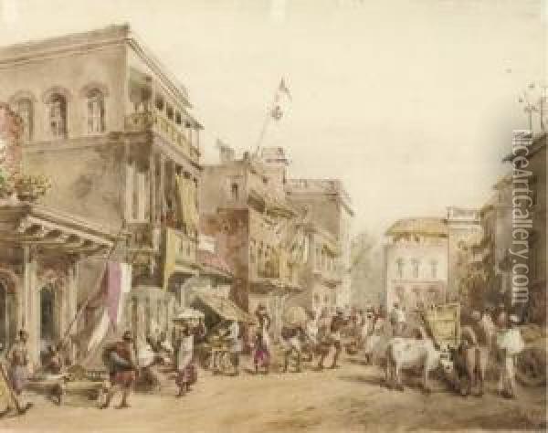 A Busy Street Scene In India Oil Painting - William Prinsep