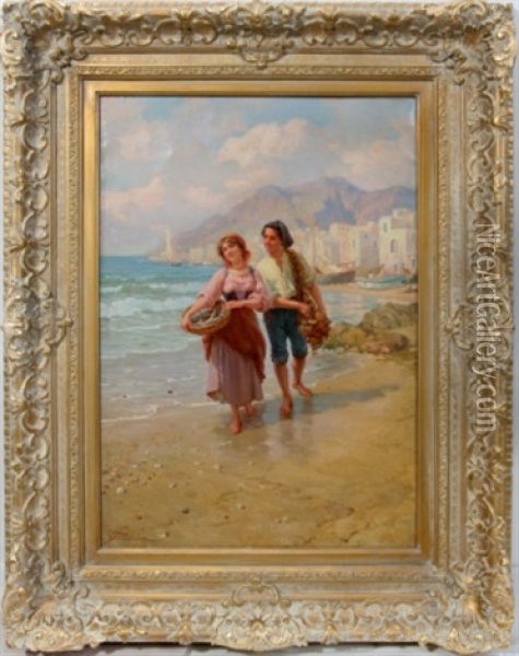 Couple Walking On The Seashore Oil Painting - Carlo Ferranti