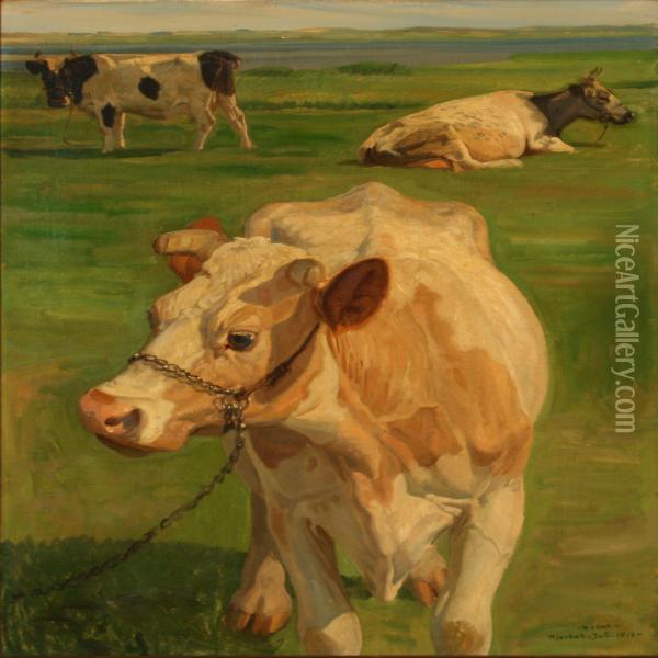 Grazing Cows Near Hjarbaek Fiord, Denmark Oil Painting - Rasmus Christiansen