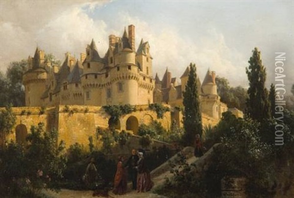 Figures Before Chateau D'usse Oil Painting - Henri Girardet