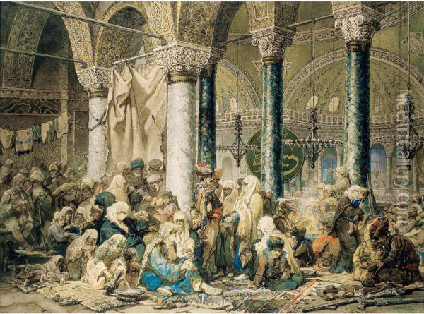 Refugies Dans Une Galerie De La Mosquee Sainte Sophie, D'apres Amadeo Preziosi Oil Painting - Gyula Tornai