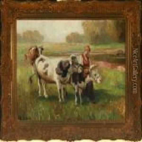 Landscape With Youngwoman And Cows At A Stream Oil Painting - Rudolf Weber