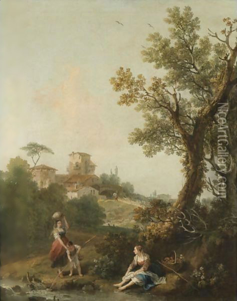 A Wooded River Landscape With A Boy And His Mother Fishing And Another Woman Resting Oil Painting - Francesco Zuccarelli
