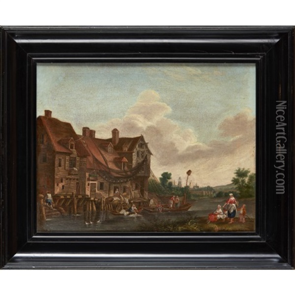 Washerwomen And Fishermen By A Riverside House Oil Painting - Jean Baptiste Pillement