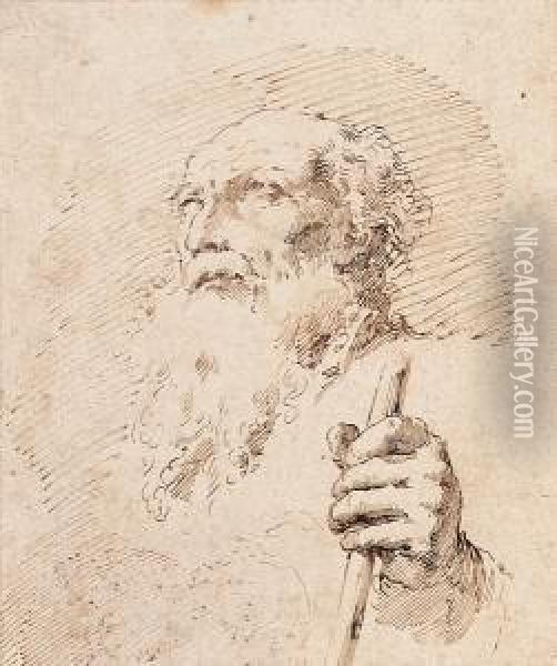 Study Of A Bearded Man With A Staff Oil Painting - Pier Antonio Ii Novelli