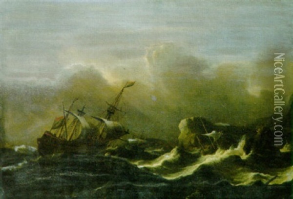 A Threemaster In A Gale Off A Rocky Coast Oil Painting - Aernout (Johann Arnold) Smit