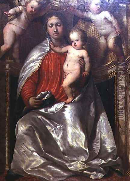Madonna and Child crowned by two angels, c.1530 Oil Painting - Gerolamo Romanino