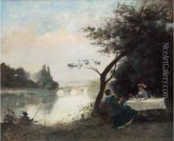 < Guinguette Au Bord De L'eau >. Oil Painting - Gustave Maincent