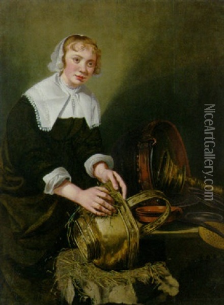 A Servant Girl Scouring A Brass Bucket Oil Painting - Willem van Oudekerken