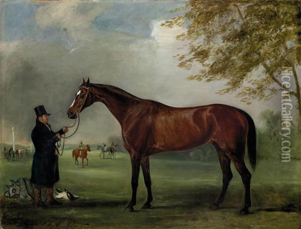 Melbourne, Held By A Trainer, In A Landscape Oil Painting - John Jnr. Ferneley