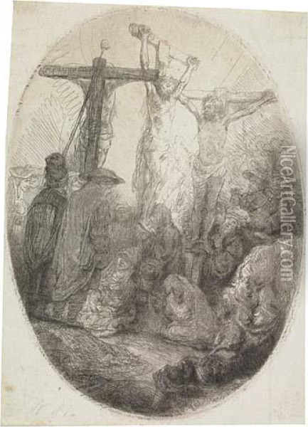 Christ Crucified Between The Two Thieves: An Ovalplate Oil Painting - Rembrandt Van Rijn