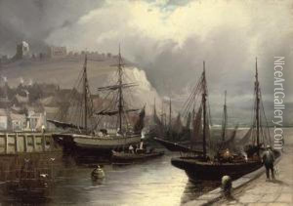 The Fishing Fleet In The Harbour At Whitby Oil Painting - Walter Meegan