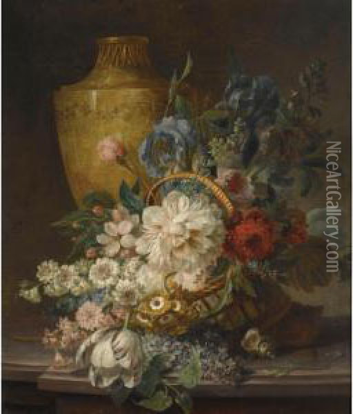 A Still Life With Roses, A 
Tulip, Forget-me-nots, Hyacinths, Irises And Other Flowers In A Reed 
Basket, Together With A Stone Urn And A Shell, All On A Stone Ledge Oil Painting - Willem van Leen