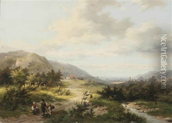 A Hilly Landscape With Travellers And A Shepherd On A Track, A Castle In The Distance Oil Painting - Marinus Adrianus Koekkoek